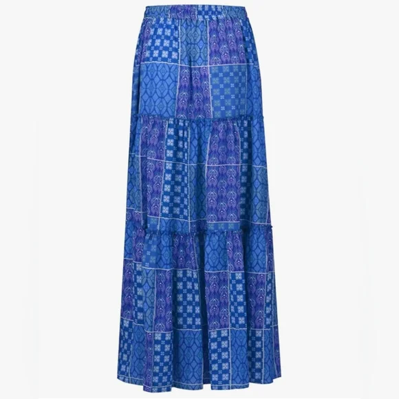 Boho Maxi Skirt Blue Patchwork Print 70s Hippie Style - Picture 5 of 9